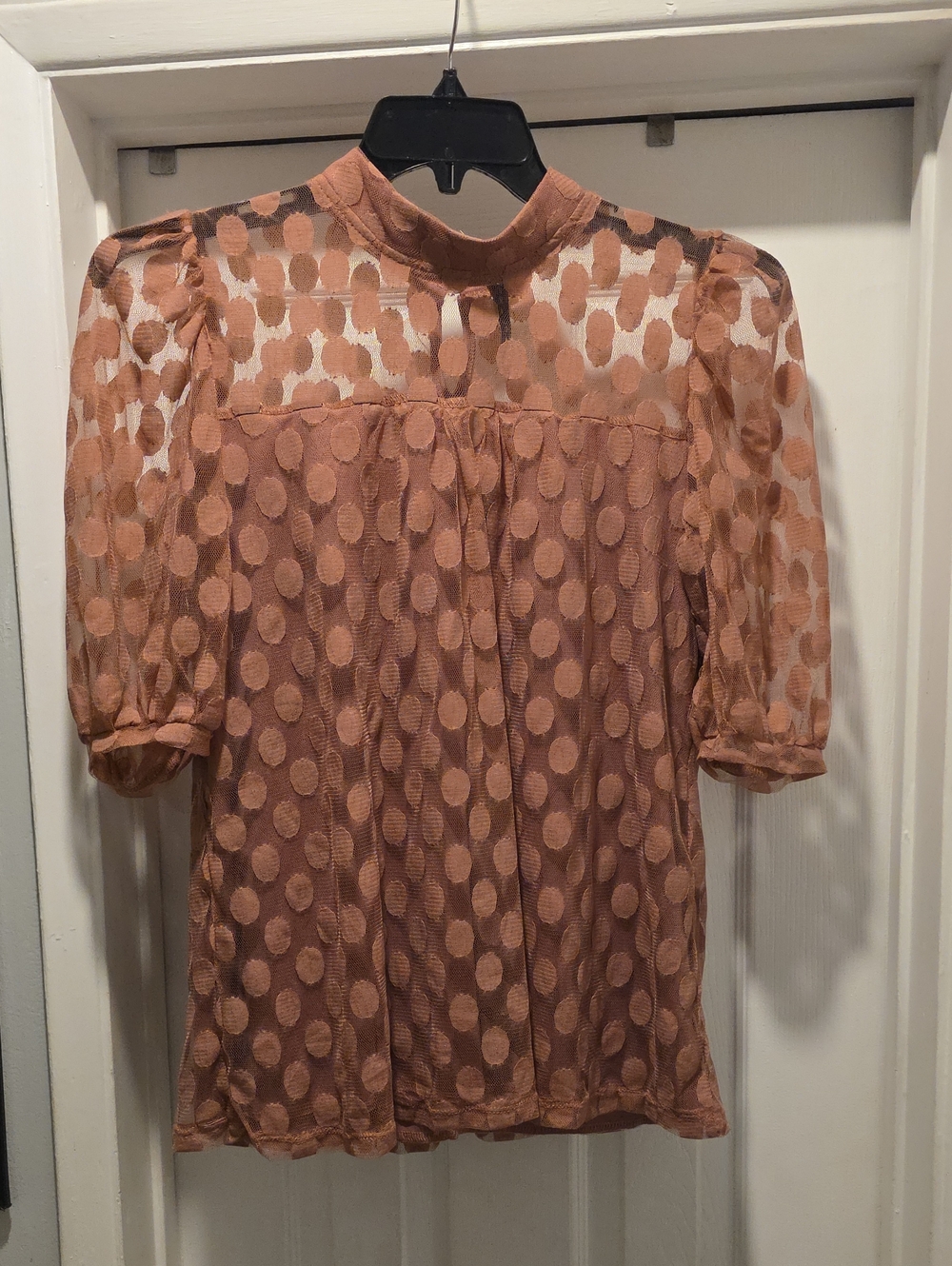 Sheer Dot Puff-Sleeve Blouse - Rust Pink